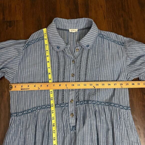 PILCRO ANTHROPOLOGIE Flowy Shirt Dress Blue Pinstriped Puff Sleeve - Picture 11 of 12